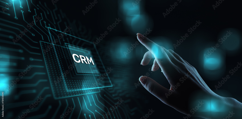 Poster crm - customer relationship management automation system software. business and technology concept.