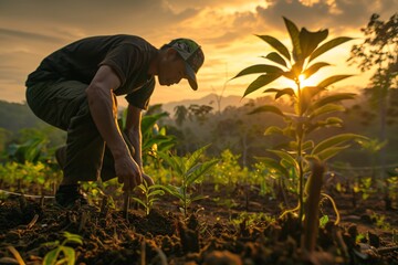 A man is captured in a kneeling position at the center of a vast field farming. 
