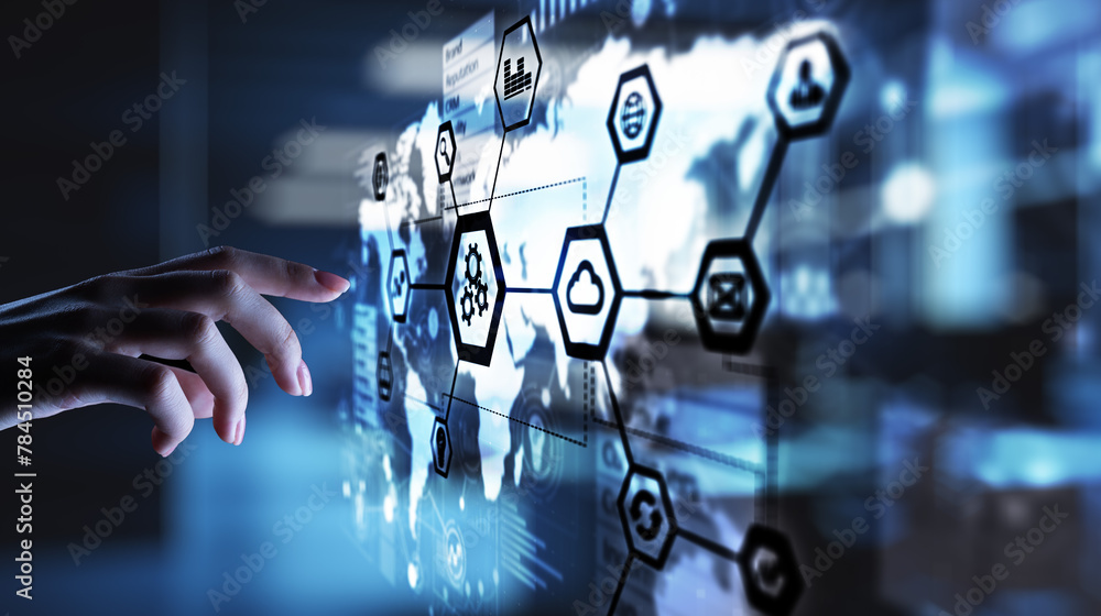 Poster automation and smart industry 4.0, internet of things, iot, gears and system structure on virtual sc