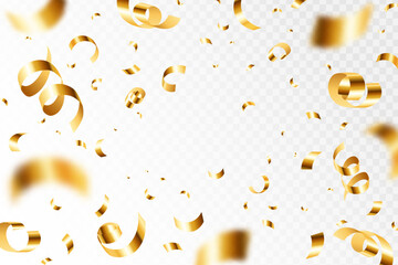 Golden confetti explosion. Falling shiny gold serpentine, flying ribbons. Glossy gold paper pieces fly, scatter around. 3D realistic vector isolated texture. Glossy festive elements for celebration