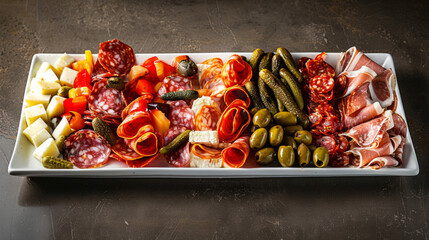 Gourmet selection of argentinian cured meats, cheese, and pickles