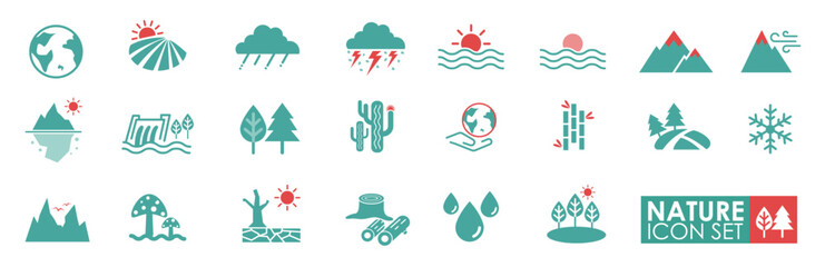 Nature icons set. Solid icon style. Contains Firewood, Sunset, Sunrise, Sky, Cloud, Bamboo, and Trees—vector illustrations.