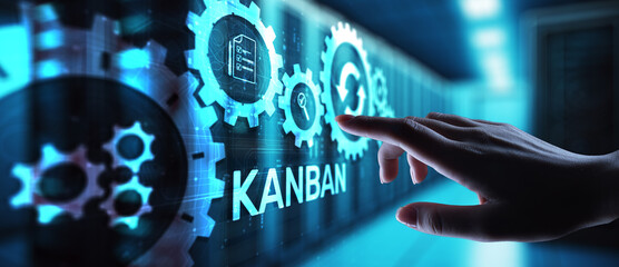 Kanban work flow process management system concept on virtual screen.