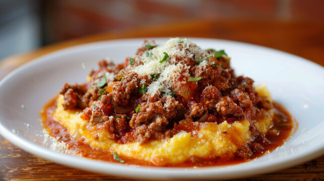 Delicious argentine polenta with savory bolognese sauce and grated cheese, presented on a white platter