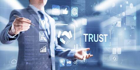 Trust customer relations reliability business concept. Pointing and pressing on virtual screen.