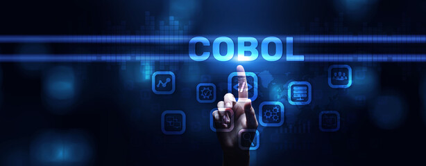 Cobol programming language software development concept on vitual screen.