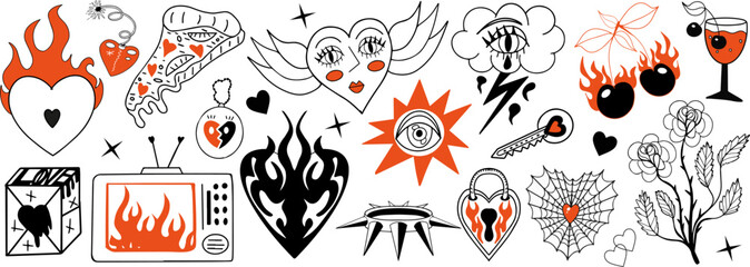 Y2k goth aesthetic stickers, tattoo art elements. black and red grange punk rock set. Vector illustration
