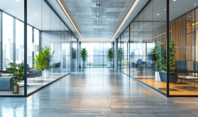 Sleek Modern Office Interior with Panoramic Windows, Glass Partitions, and Reflective Flooring