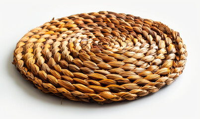 Obraz premium Rustic Round Rattan Placemat on White Background, Overhead View - Natural Texture for Dining and Decor