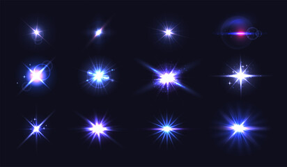 Flare light. Glow sparkle, lens realistic flare ignition effect. Flashing lights, photo camera light. Vector isolated glints, sunlight reflection set. Beautiful shiny starlight collection