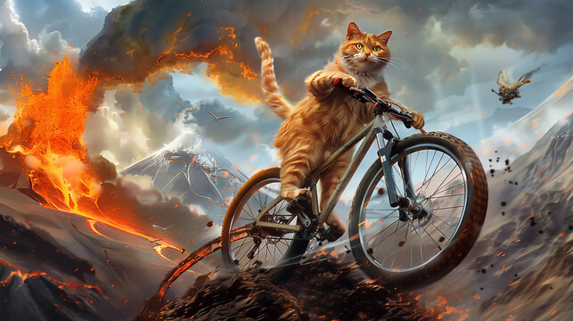 illustration of cat riding a mountain bike on an erupting volcano.