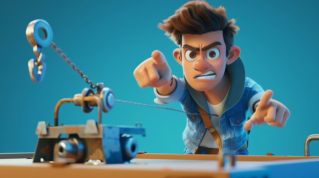 A cartoon character points at an empty metallic trap on a blue background, illustrating the concept of risk and danger.