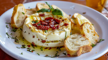 Authentic argentinian provoleta cheese grilled and served with spices, herbs, and bread - obrazy, fototapety, plakaty