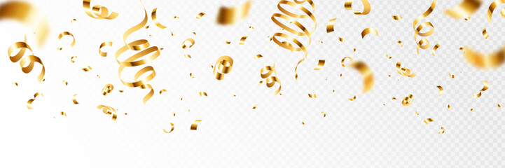 Falling golden confetti. Celebration carnival falling shiny glitter gold confetti, bright festive tinsel. Vector illustration isolated on transparent background. Glossy ribbons for party