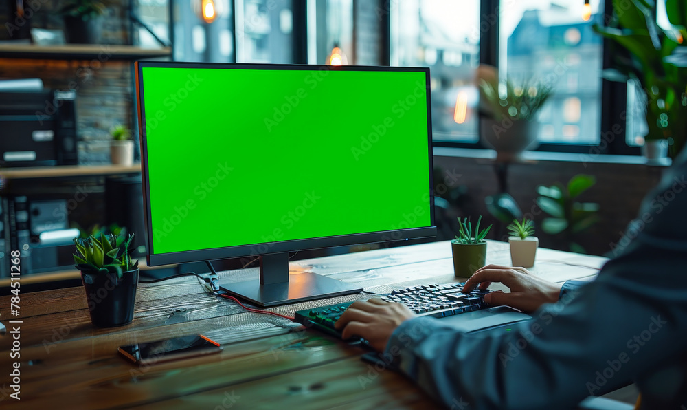 Poster indian cfo analyzing financial data on computer with green screen mock-up display in modern office