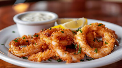 Crispy golden fried calamari garnished with parsley, served with aioli sauce and a lemon wedge - obrazy, fototapety, plakaty