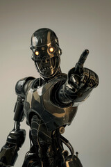 Futuristic combat android cyborg soldier points finger at you.
