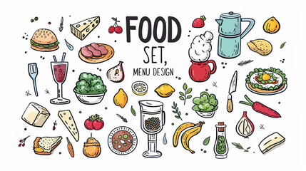 An engaging vertical pattern presents a delightful assortment of hand-drawn, black and white food items and culinary tools, suitable for a vibrant menu design. title "FOOD SET"