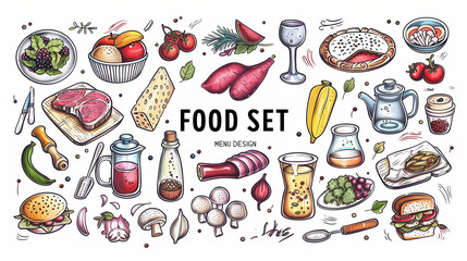 An engaging vertical pattern presents a delightful assortment of hand-drawn, black and white food items and culinary tools, suitable for a vibrant menu design. title "FOOD SET"