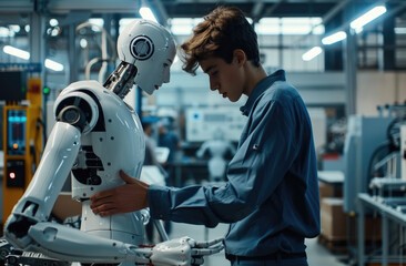 Handsome male engineer in a blue shirt repairing a white humanoid robot with tools at a modern factory