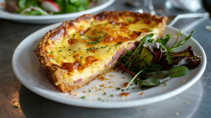 Slice of delicious ham and cheese quiche served with fresh green salad on a white plate - obrazy, fototapety, plakaty