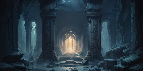 Misty mountain cave chamber with mysterious underground entrance, large pillars and archway gate 
carved stone ruins, perilous labyrinth of tunnels, dimly lit ancient role playing fantasy underworld. - obrazy, fototapety, plakaty