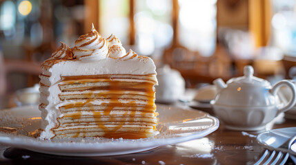 Exquisite argentinian layered cake with dulce de leche and meringue, served in a cafe
