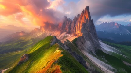 Beautiful landscape, Seceda Mountain on summer at dolomites, Italy, rainbow and sunset lighting