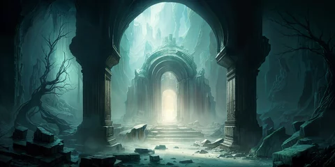 Foto op Aluminium Misty mountain cave chamber with mysterious underground entrance, large pillars and archway gate  carved stone ruins, perilous labyrinth of tunnels, dimly lit ancient role playing fantasy underworld. © SoulMyst