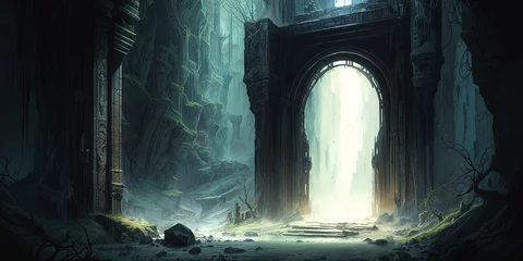 Fotobehang Misty mountain cave chamber with mysterious underground entrance, large pillars and archway gate  carved stone ruins, perilous labyrinth of tunnels, dimly lit ancient role playing fantasy underworld. © SoulMyst