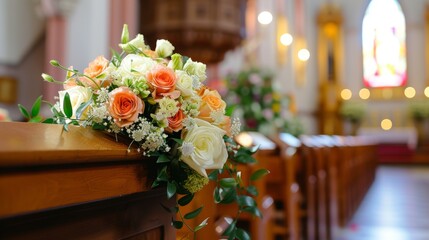 Bouquet of flower on the top of coffin in church