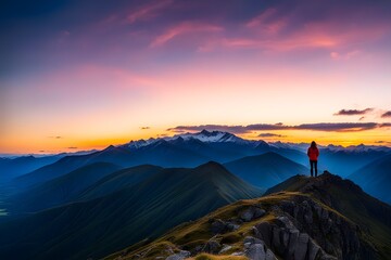 Naklejka premium person standing on top of a mountain