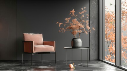 Peach fuzz is a trend colour year 2024 in the luxury living accent chair. Painted mockup wall for art - gray color. Mockup modern room design interior home. Accent trend details lounge. 3d render 