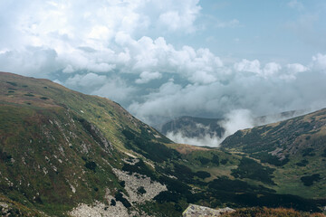 Fototapeta na wymiar Aerial view of rocky peak of Spitz mountain in the Carpathian mountains