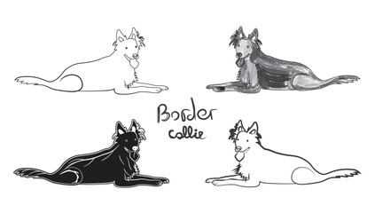 Border Collie dog in a sitting pose. Cute profile logo design, popular colors, breed pet character postcard art. Funny dog mascot. Black and white pencil illustration. Cartoonish one-color sketch.