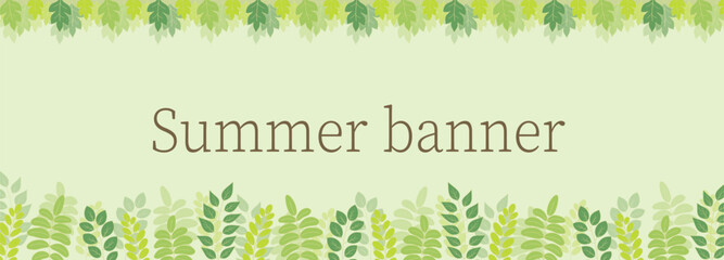 Summer background with green branches and leaves, summer banner.