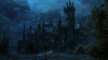 Fantasy scene of dark evil castle and palace courtyard with shining moon - obrazy, fototapety, plakaty