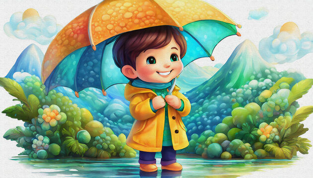 oil painting style CARTOON CHARACTER CUTE baby a boy in a yellow raincoat holding an umbrella