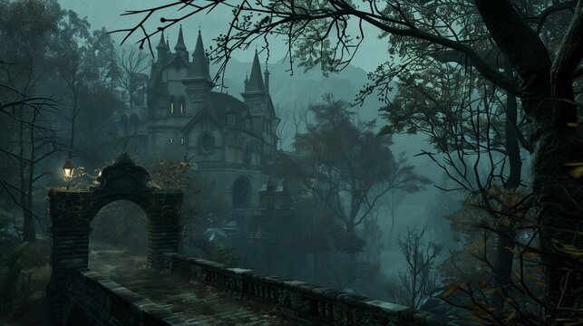 Fantasy scene of dark evil castle and palace courtyard with shining moon