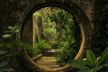 A small hole in a wall with a lush green forest surrounding it