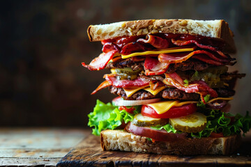 A large sandwich with bacon, cheese, and tomatoes