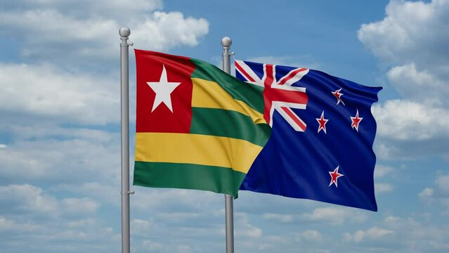 New Zealand and Togo two flags waving together, looped video, two country cooperation concept
