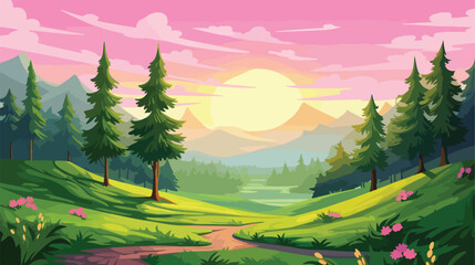 Sun forest scene. Cartoon sunrise landscape with tr