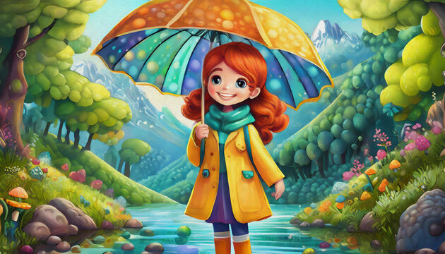 oil painting style cartoon character Girl in a yellow raincoat holding an umbrella, weather forecast umbrella,