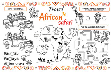 A fun placemat for kids. Printable to “Travel to African safari” activity sheet with a labyrinth, find the differences and find the same ones. 17x11 inch printable vector file	