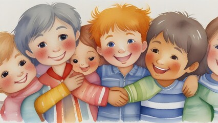 Watercolor illustration: happy children of various nationalities in heartwarming embrace, celebrating diversity joyfully