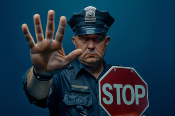 A police officer is holding a stop sign and giving a hand signal to stop