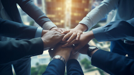 Success in partnerships often hinges on the support and teamwork of each person's hand, binding together friendships within the group to achieve common goals. Concept of business teamwork. - obrazy, fototapety, plakaty