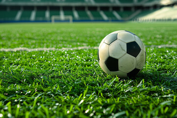 A soccer ball is sitting on a green field