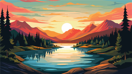 Fototapeta na wymiar Sunrise or sunset landscape with rocky mountains fo